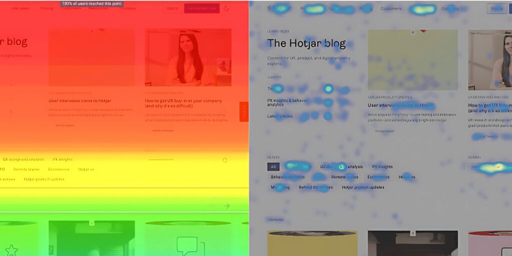 Mapa de calor do Hotjar mostrando cliques em uma página de eCommerce.