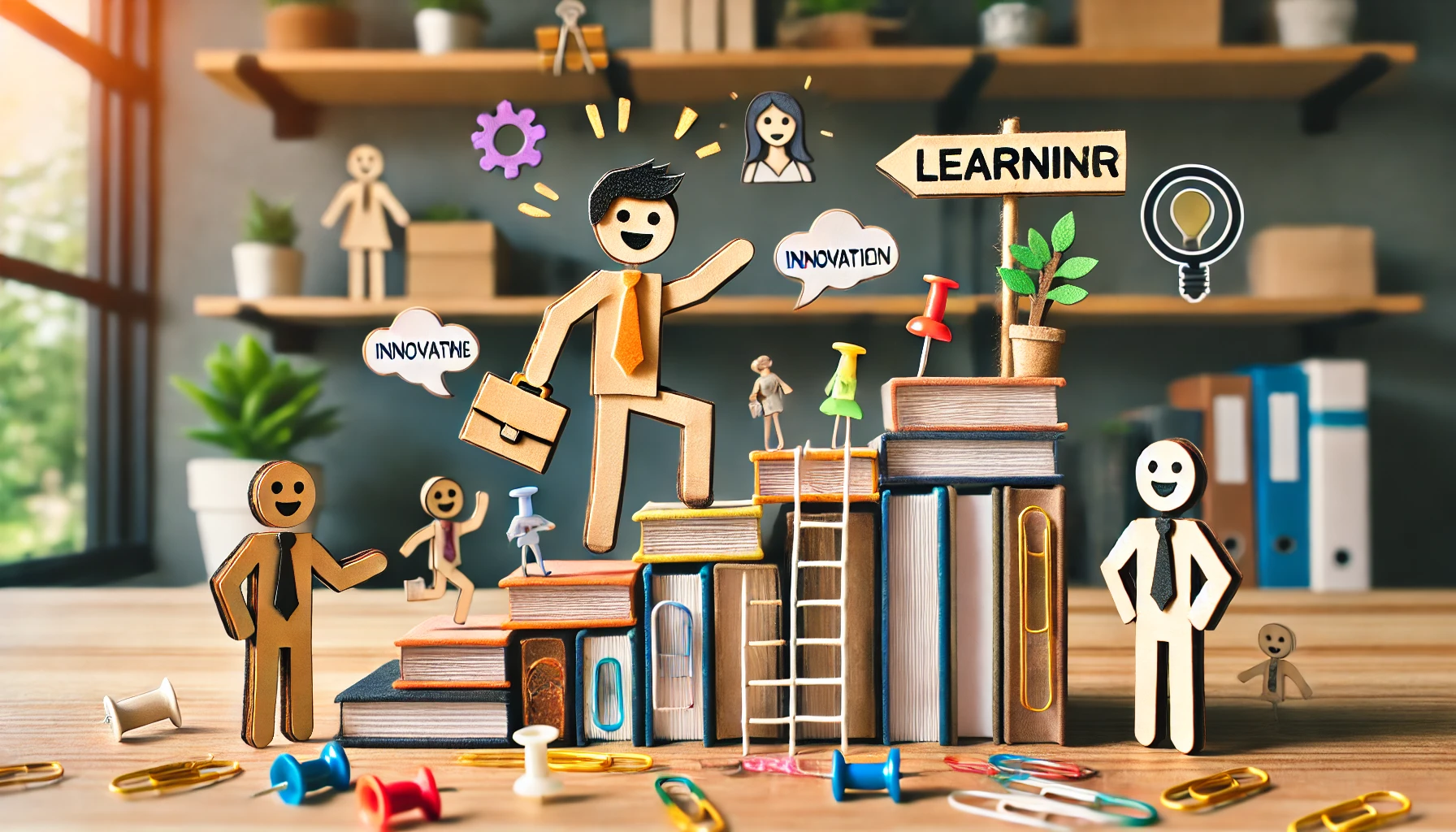 A handcrafted diorama-style illustration representing professional growth and learning in eCommerce. The scene is made using everyday office supplies like paper clips, sticky notes, rubber bands, and push pins, giving it a creative and playful aesthetic. A cheerful employee character, crafted from office materials, is enthusiastically climbing a staircase made of books and training materials, symbolizing continuous learning and career growth. In the background, mentor figures made from paper elements guide and encourage them, while floating icons represent innovation and skill development. The workspace setting includes a warm, engaging atmosphere, reinforcing the importance of structured career development. No text, letters, or symbols.