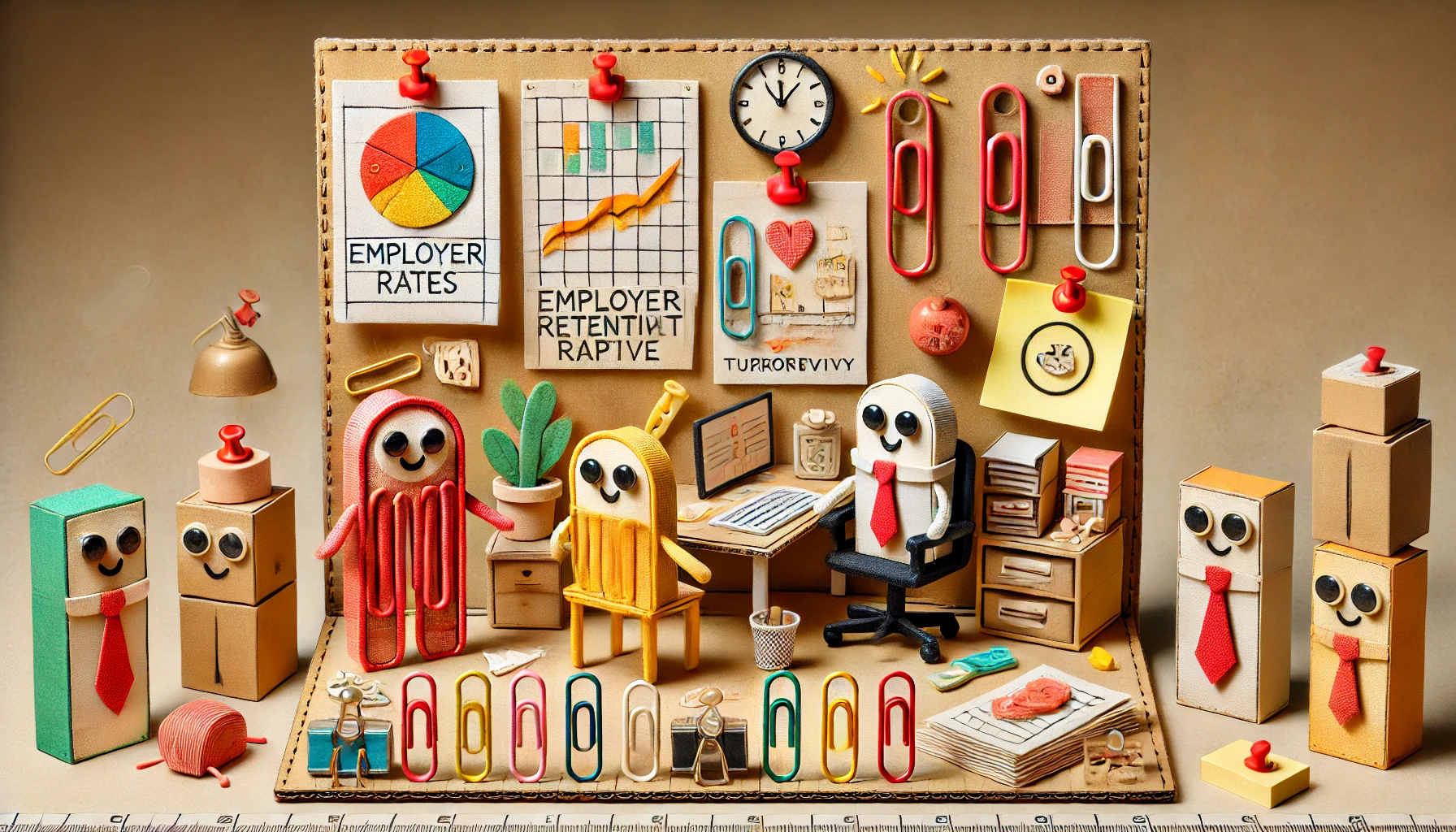 A papercraft-style illustration inspired by handcrafted dioramas, using everyday office supplies to create a workplace scene. Characters and objects are made from paper clips, sticky notes, erasers, and push pins, with stitched paper and cardboard elements giving a creative, handcrafted aesthetic. On one side, a happy character made from office materials works in a thriving team, while on the other, an empty chair symbolizes employee turnover. The background includes handmade elements like drawn graphs, stapled reports, and productivity symbols, reinforcing the impact of high retention rates on profitability. The scene is detailed, warm, and visually engaging. No text, letters, or symbols.