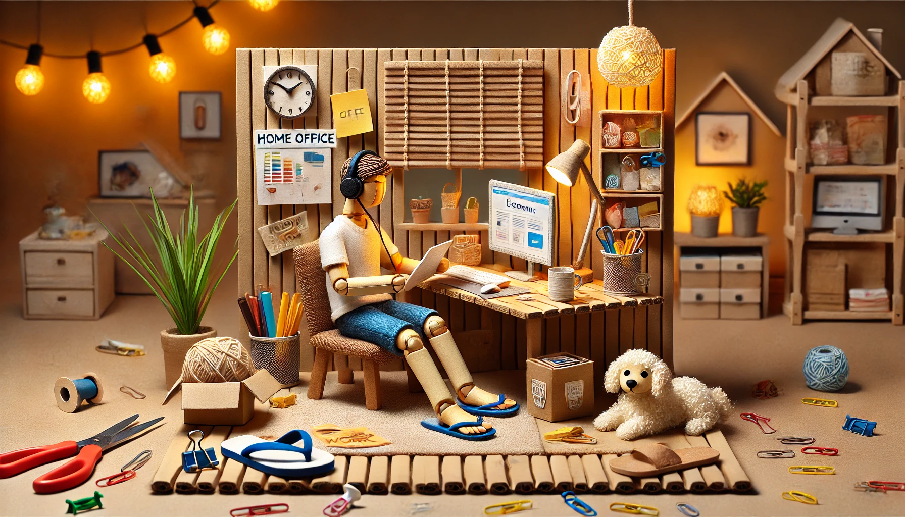 A handcrafted diorama-style illustration representing a home office work environment in eCommerce. The scene is crafted using everyday office supplies like paper clips, sticky notes, rubber bands, and push pins, creating a playful and creative aesthetic. A relaxed employee character, made from office materials, is sitting at a desk wearing flip-flops, working from home. A pet, crafted from soft fabric and paper elements, is lying comfortably on the floor beside the desk. The workspace is cozy and inviting, emphasizing the flexibility and comfort of remote work. The background includes warm lighting and subtle home decor elements, reinforcing the balance between work and personal life. No text, letters, or symbols.