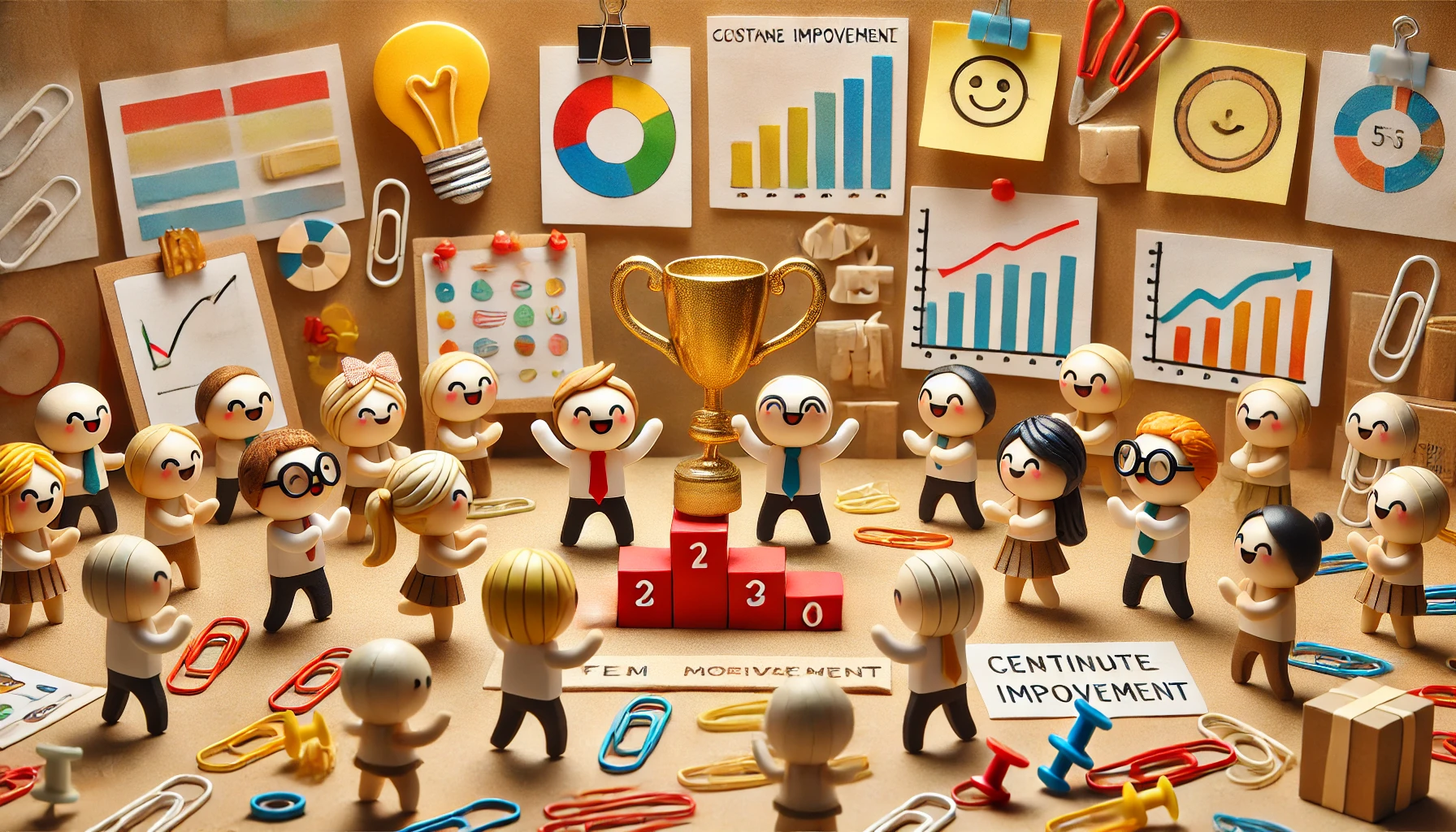 A handcrafted diorama-style illustration representing an engaging and motivating workplace environment. The scene is made using everyday office supplies like paper clips, sticky notes, rubber bands, and push pins, creating a playful and creative aesthetic. A group of cheerful employee characters, crafted from office materials, participate in a fun team challenge, with one character celebrating a small victory with a trophy made of office supplies. Other characters exchange feedback and collaborate, symbolizing continuous improvement and teamwork. The background includes handmade elements like charts, leaderboard-style sticky notes, and icons representing team-building activities. The scene is warm, dynamic, and visually engaging. No text, letters, or symbols.