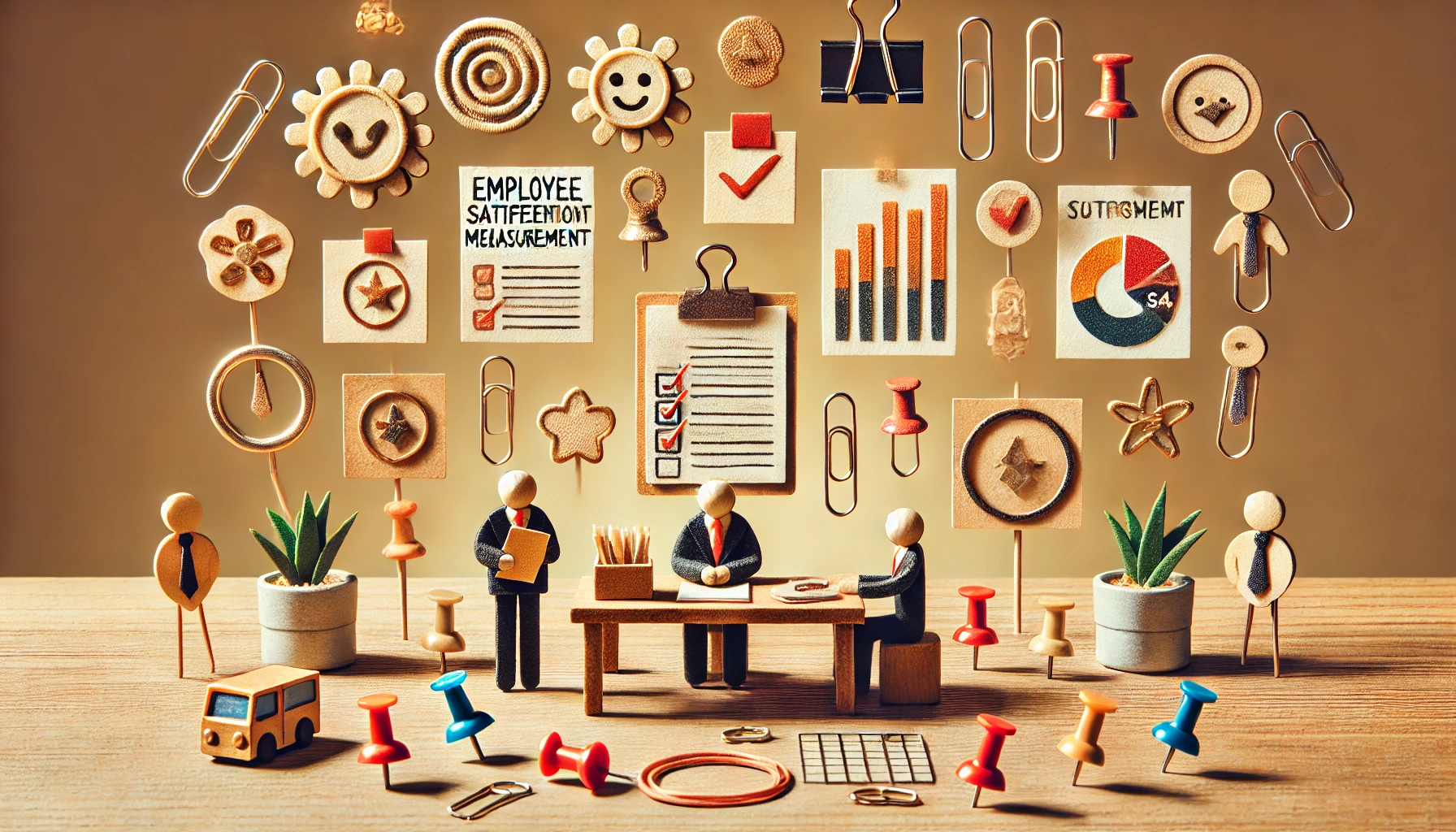 A handcrafted diorama-style illustration representing employee satisfaction measurement in the workplace. The scene is created using everyday office supplies like paper clips, sticky notes, rubber bands, and push pins, giving it a playful and creative aesthetic. A manager character, crafted from office materials, is attentively reviewing survey results on a clipboard while another employee character places a feedback note into a suggestion box. Floating visual elements, such as graphs, charts, and satisfaction icons, represent tools like employee feedback surveys, turnover tracking, and one-on-one meetings. The background is warm and engaging, reinforcing the importance of proactive talent management. No text, letters, or symbols.