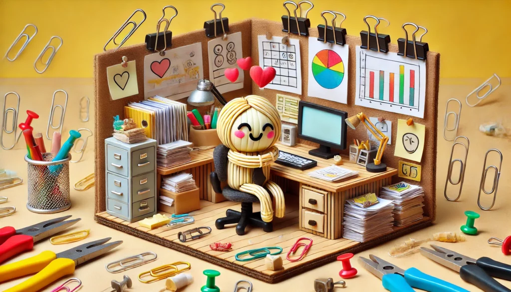 A handcrafted diorama-style illustration with a humorous and heartwarming take on employee satisfaction. The scene is crafted using everyday office supplies like paper clips, sticky notes, rubber bands, and push pins. A cheerful employee character, made of office materials, is lovingly hugging their workspace, which includes a desk, a computer, and office accessories made from paper and cardboard. Floating hearts and a warm, cozy atmosphere emphasize their appreciation for the workplace. The background includes handmade elements like stapled reports, drawn charts, and productivity icons, reinforcing the positive work environment. The colors are warm and engaging, creating a visually fun and dynamic composition. No text, letters, or symbols.